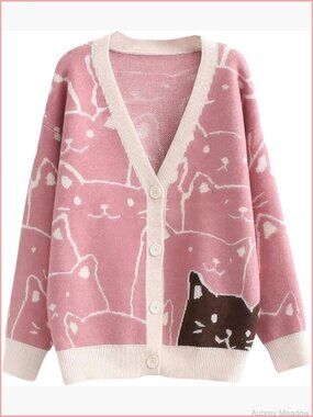 Kawaii Cartoon Cat Cardigan Jacquard Knit Sweater Coat